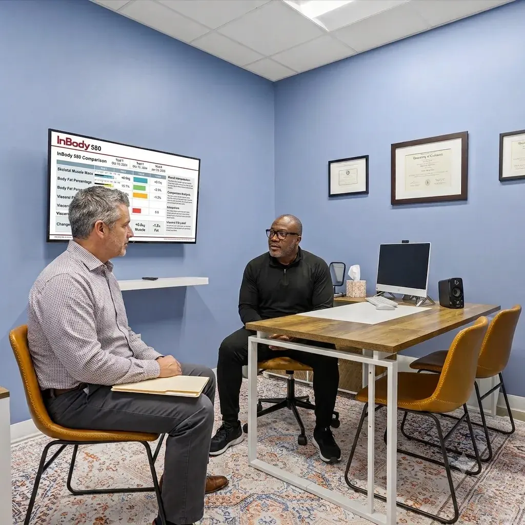 Victor Davis, National Board Certified Health & Wellness Coach, reviewing a client's health data during a wellness coaching session at Victory Health & Wellness in Austin, TX